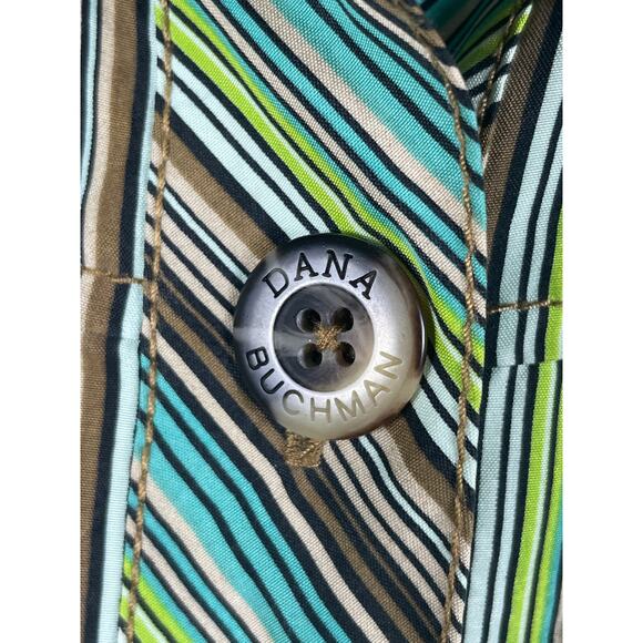 Dana Buchman Women Size 4 Silk Green Brown Blue Striped Button Up - Picture 9 of 12